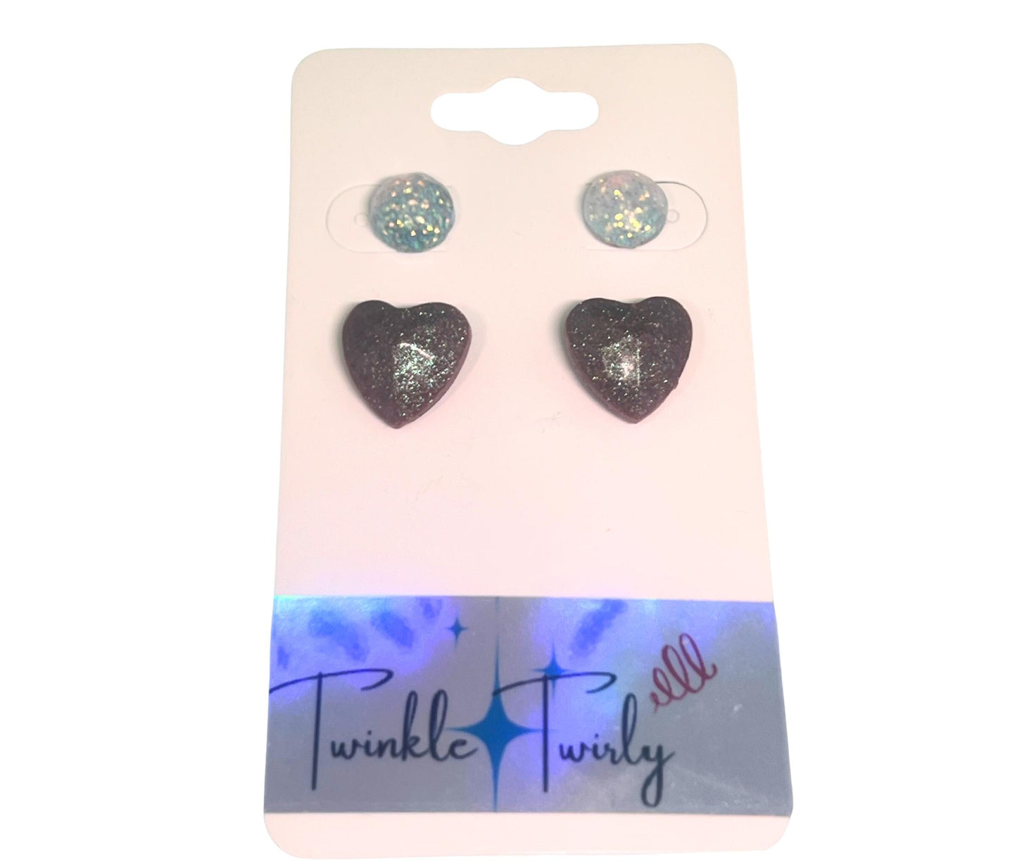 Sparkling Duo Cocoa and Cloud, 2 Pairs of Sparkling Brown Heart/Light Blue Round Earrings for Kids, Teens & Adults Handmade in the USA