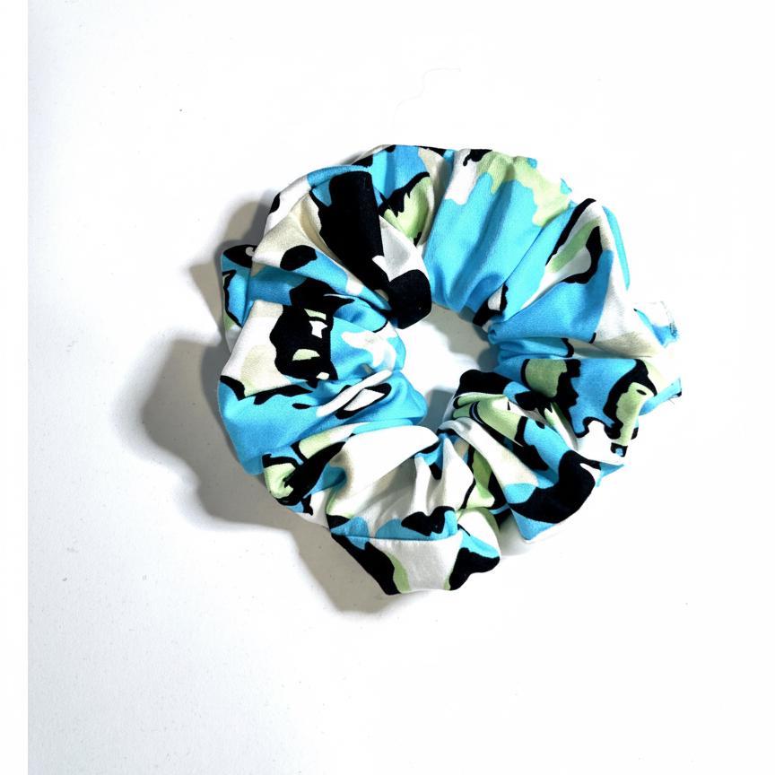 White Blue & Black Abstract Print Scrunchie: Hair Tie