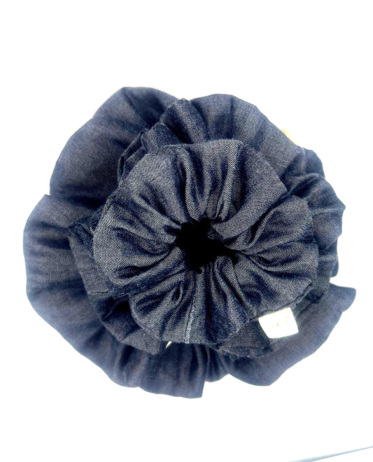 Blue Denim scrunchie on a white background