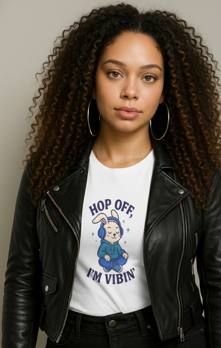 Woman wearing a white t-shirt with a graphic design and text, standing against a plain background.